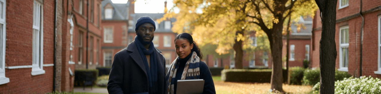 Happy Nigerian couple walking on a UK university campus holding books, illustrating the guide on how to study in the UK with a spouse.