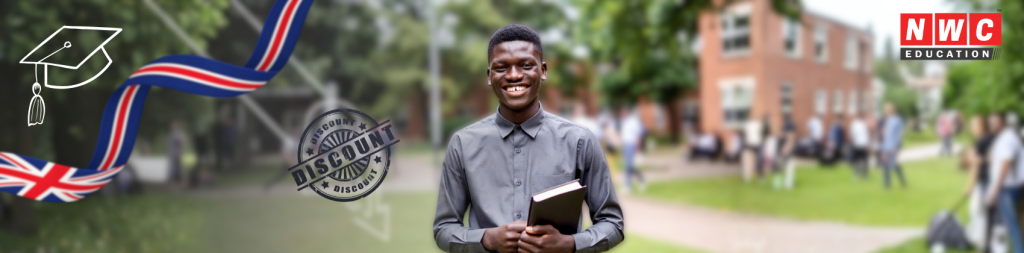 Happy Nigerian student on a UK campus, celebrating receiving a university discount or scholarship.