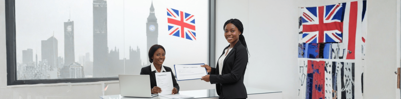 Nigerian students preparing UK student visa documents at a visa office, with passports, acceptance letters, and travel bags ready for study in the UK.