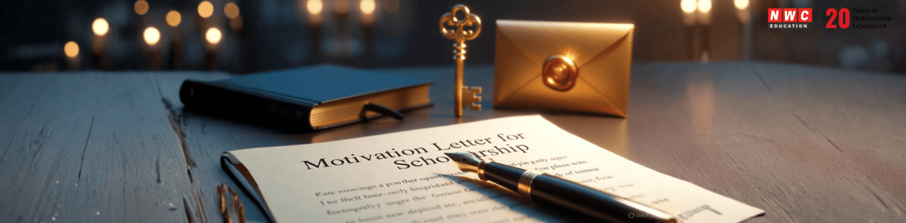 Motivation letter for scholarship samples, with a hand writing a compelling application and a golden key to success