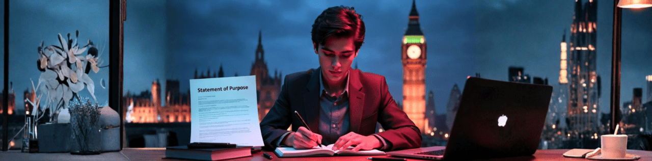 Writing a perfect Statement of Purpose (SOP) for UK university admission with pen, paper, and British flag background