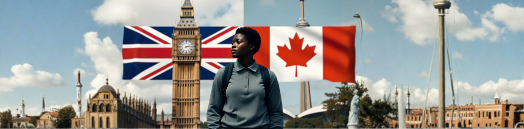 Nigerian student comparing UK vs Canada for study abroad, looking at flags and university options.