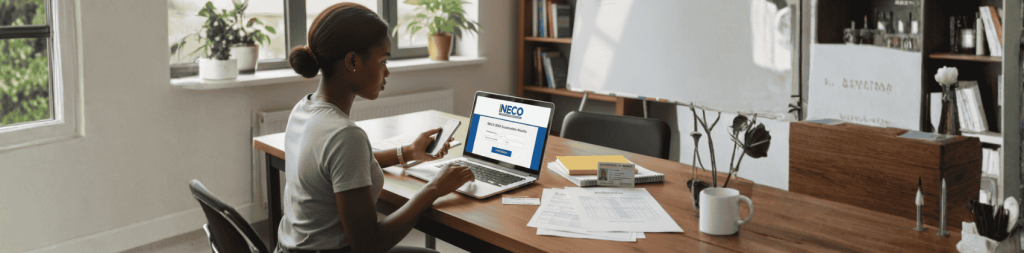 Student using smartphone and laptop to check NECO exam results online through the official NECO Result Checker portal.