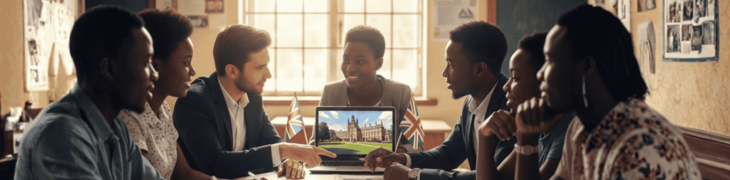 Ghanaian students applying to UK universities with help from NWC Education, showing study abroad consultation and UK campus
