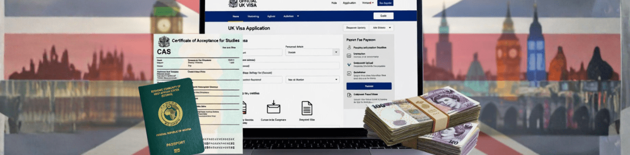 Nigerian student holding a UK student visa application and passport at the TLScontact visa application center in Lagos