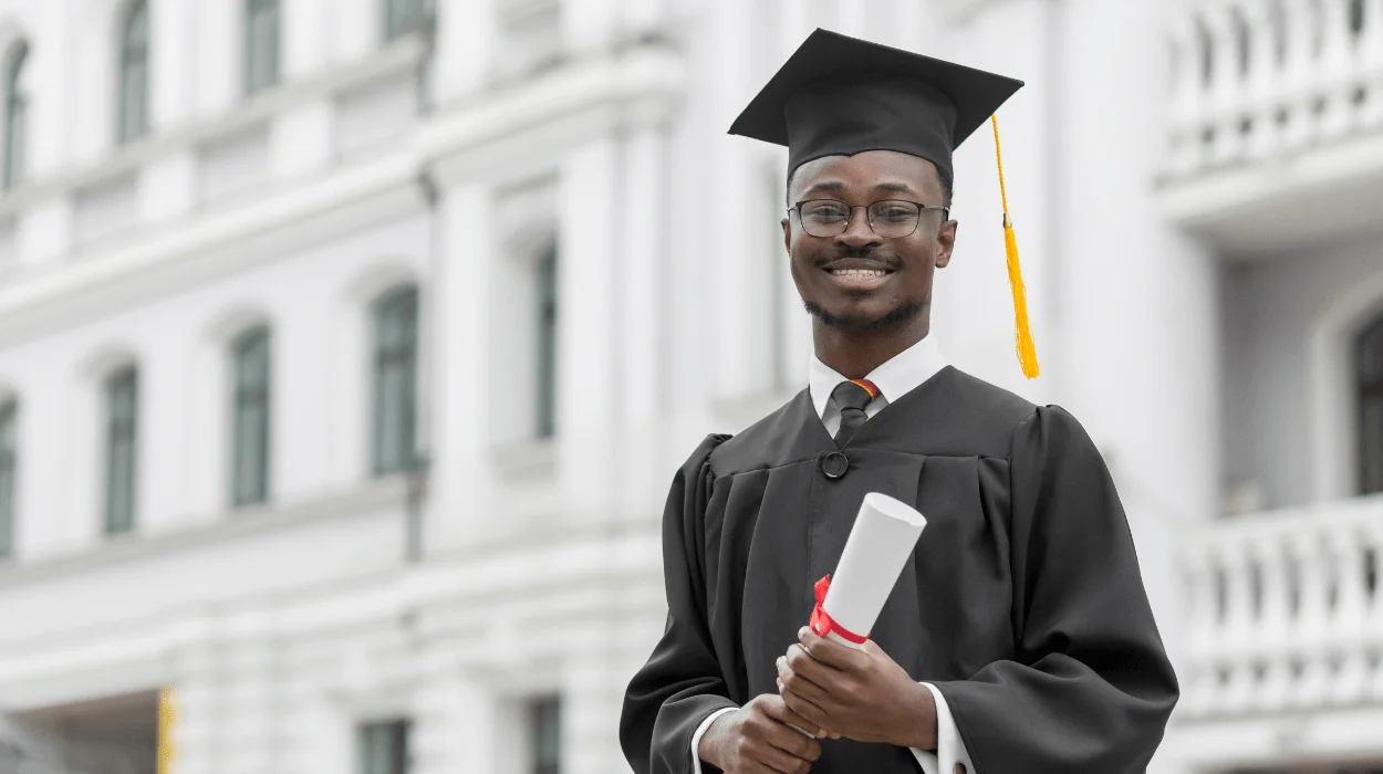 Happy Ghanaian student on a UK university campus, holding a scholarship acceptance letter.